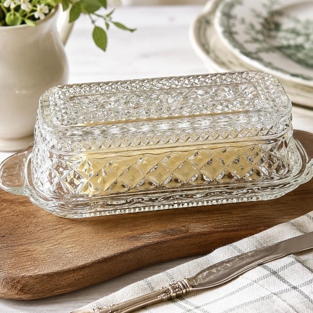 VTG Anchor Hocking Wexford Butter Dish, Clear Pressed Glass, MCM Kitchen Decor